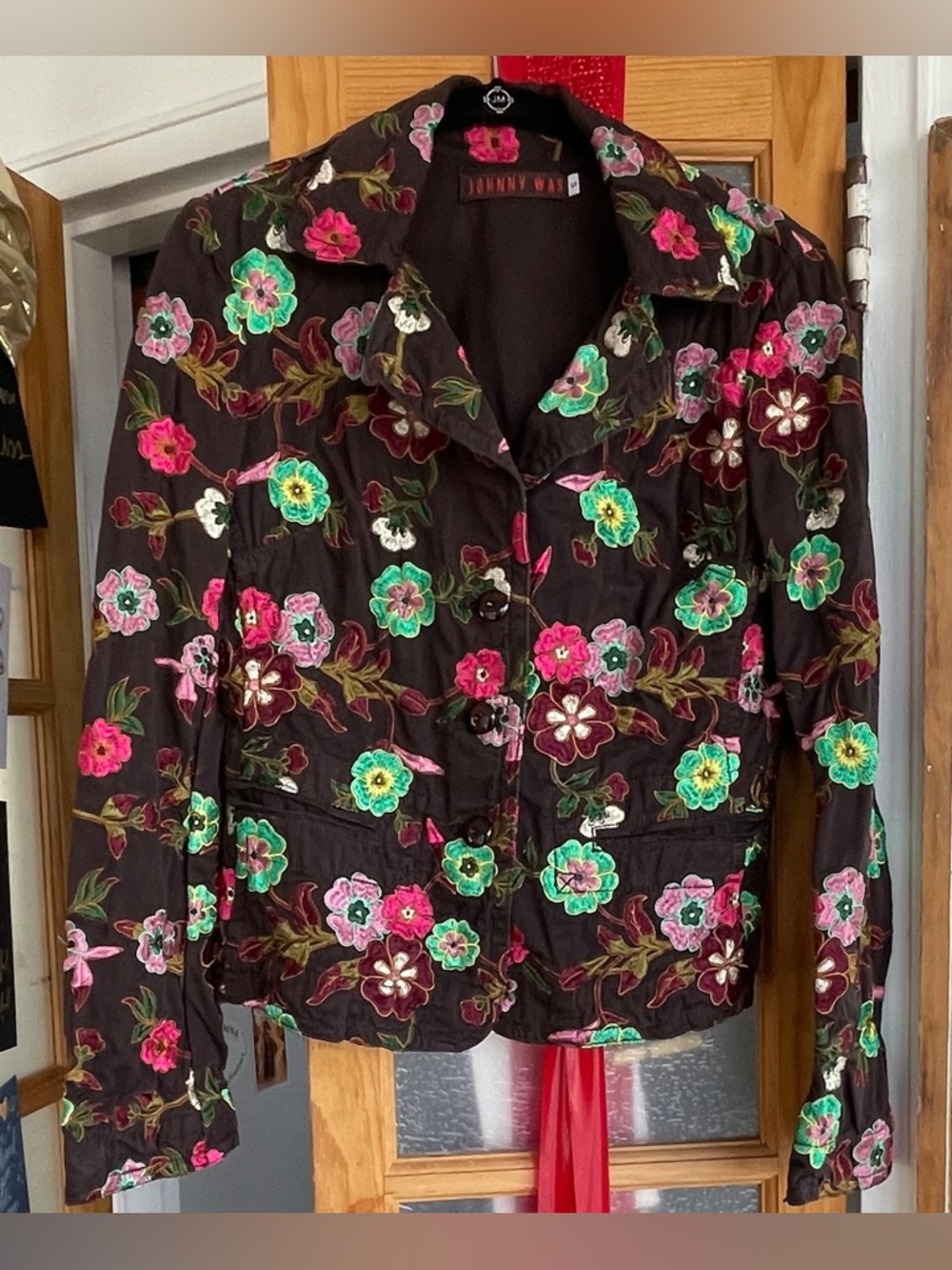 Johnny Was Brown Jacket with Pink, Green & Yellow Floral Embroidery